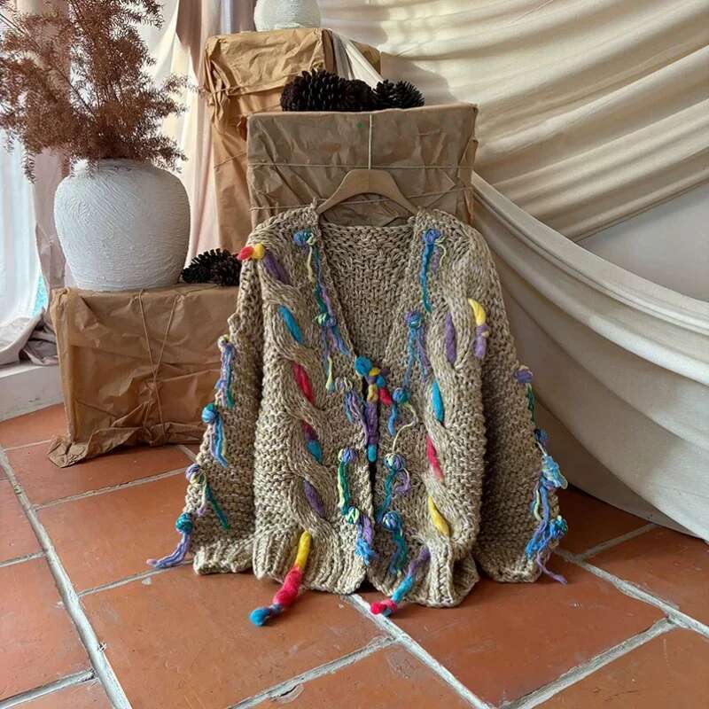Unique Handcrafted Colorful Fringe Cable Cardigan Sweater Coat For Women Artistic Vintage Handmade Chunky Knit Jumper