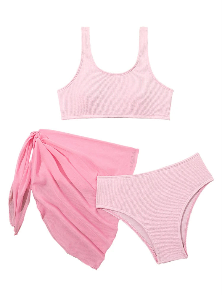 Kids Swimsuit Girls Bikini Solid Ribbed Sling Bikinis Set Children Swimwear Summer Three Piece Beachwear Bathing Suits 250108