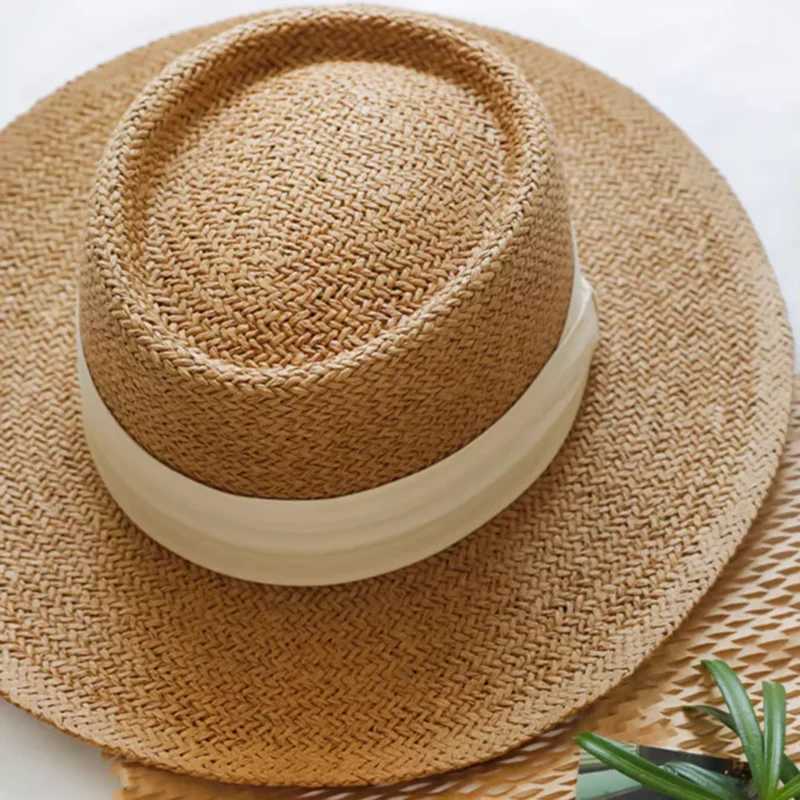 Dolphin French style warm summer sunny beach flat straw hat Khkai vacation Panama straw hat woven small top hat white ribbon X250109