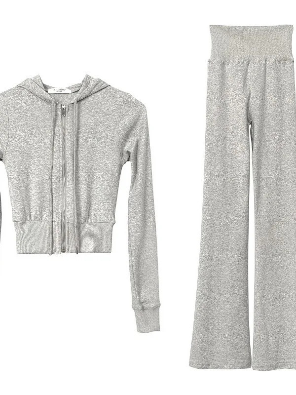 WOMENGAGA Korea Slim Sexy Short Cardigan Long Sleeved Hoodieflared Sports Pants Twopiece Set For Women FJJ8 250106