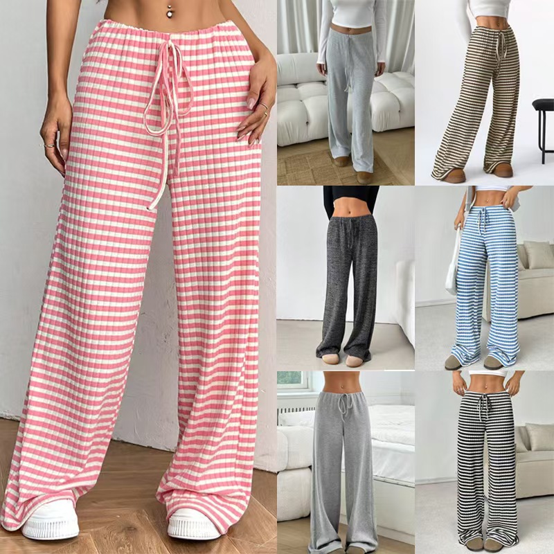 Thin towel wide-leg pants women's high waist drooping loose slim straight casual striped knitted pants mopping the floor in summer#3453