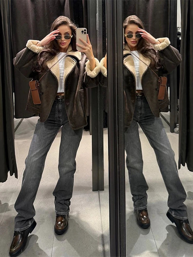 ZBZA Women Retro Faux Leather Jacket Solid Lapel Long Sleeve Single Breasted Pockets Padded Warm Outwear Fall Winter Chic Coat 250103