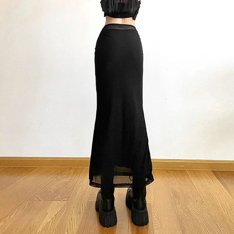 MEXZT Y2K Black Long Skirts Women Harajuku Sexy Mesh Patchwork Wrap Skirt Summer Gothic Korean High Waist Slim A Line Faldas 250106