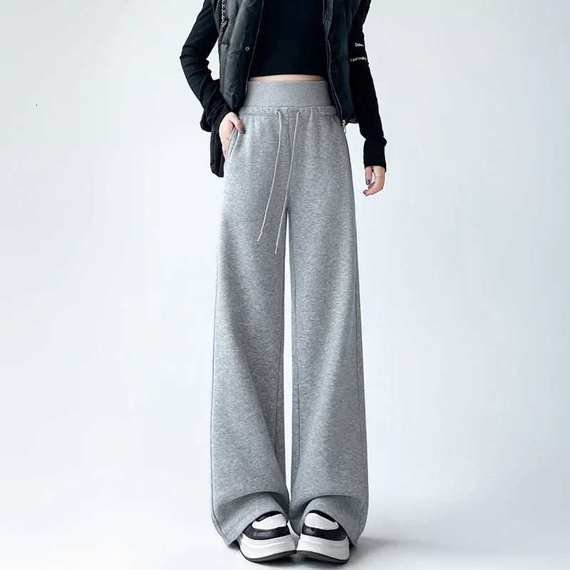 American gray doublewaisted Winter Fleece wideleg pants womens autumn loose casual highwaisted straight Sport Pants 250108
