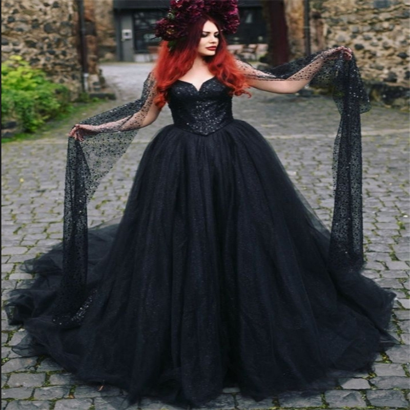 Black Vampire Gothic Wedding Dress Victorian Sequin Cape A Line Medieval Fantasy Bride Dress Tulle Country Bridal 2025 Custom Dubai Arabic Vestio De N