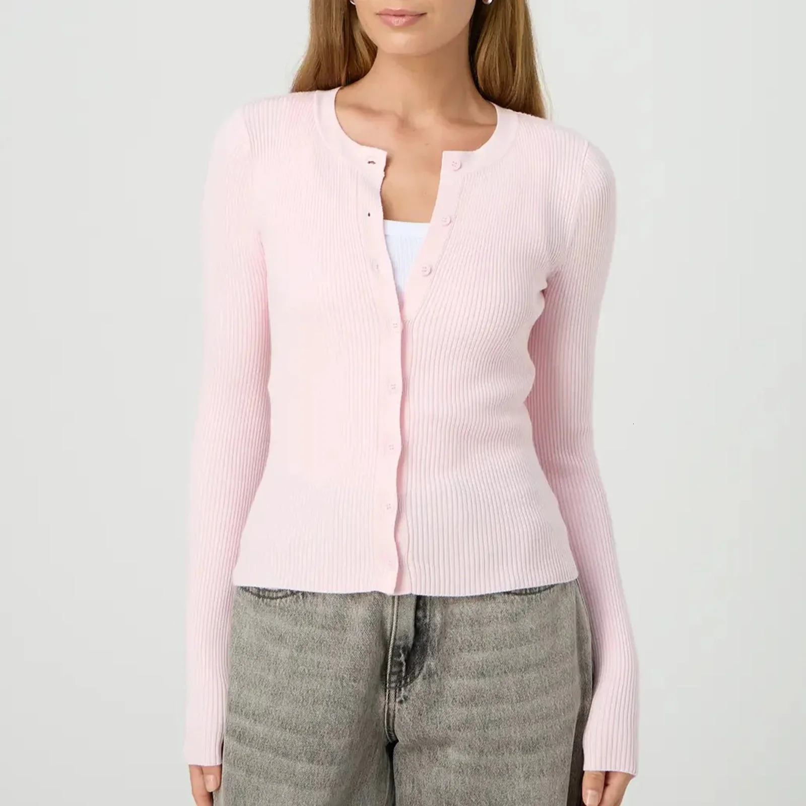 Women Autumn Winter Cardigan Long Sleeve Round Neck Button Up Ribbed Knitwear Slim Sweater 250108