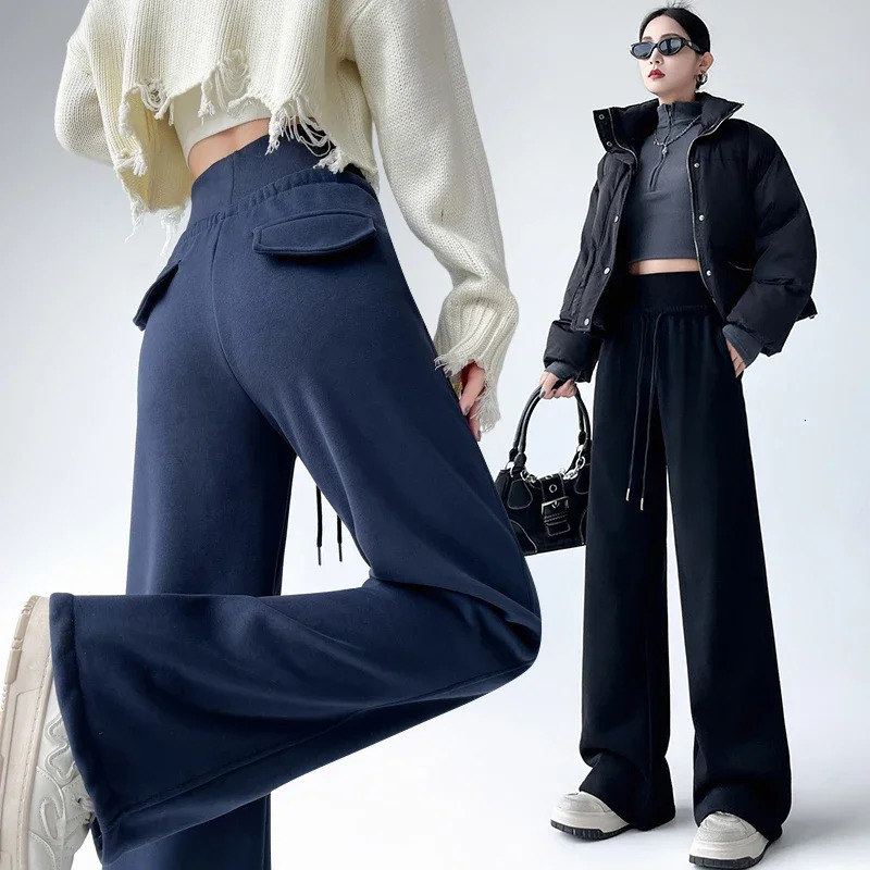 American gray doublewaisted Winter Fleece wideleg pants womens autumn loose casual highwaisted straight Sport Pants 250108