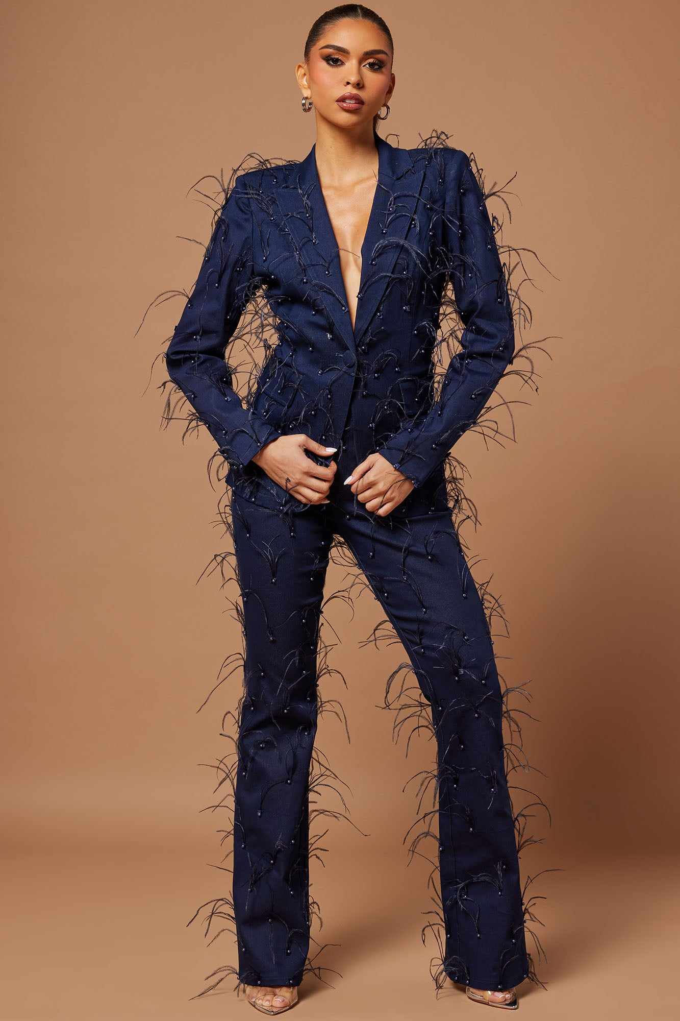 Luxury Women Suits One Button Feather Pearls Ladies Outfits 2 Pieces set Jacket Pants Mother Of The Bride Suit Prom Blazer Customized