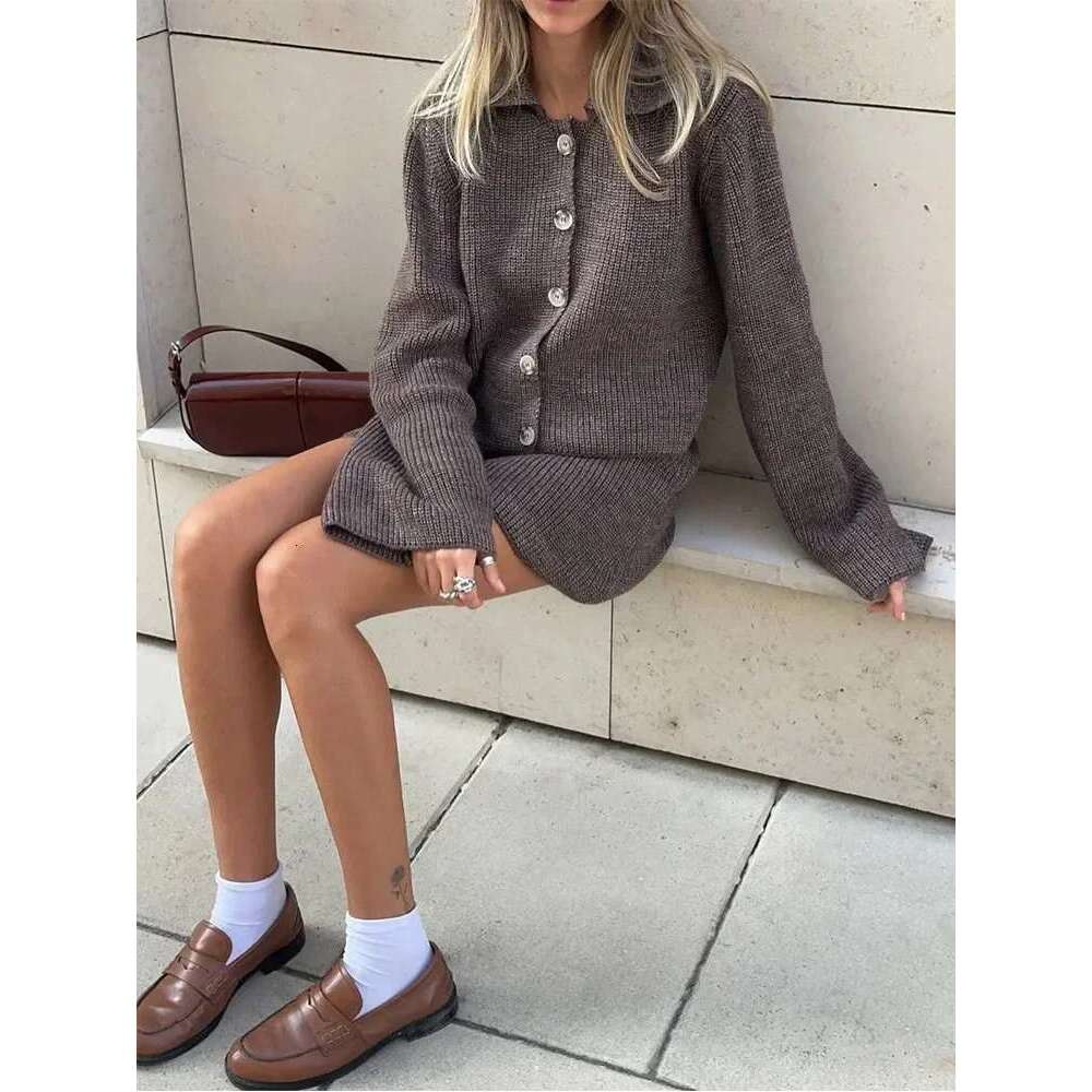 Women's Wear 2 Pieces Lapel Long Sleeve Single Breasted Cardigan Short Skirt Suit Elegant Solid Knitted Sets For Women Lady Slim Fall Suits
