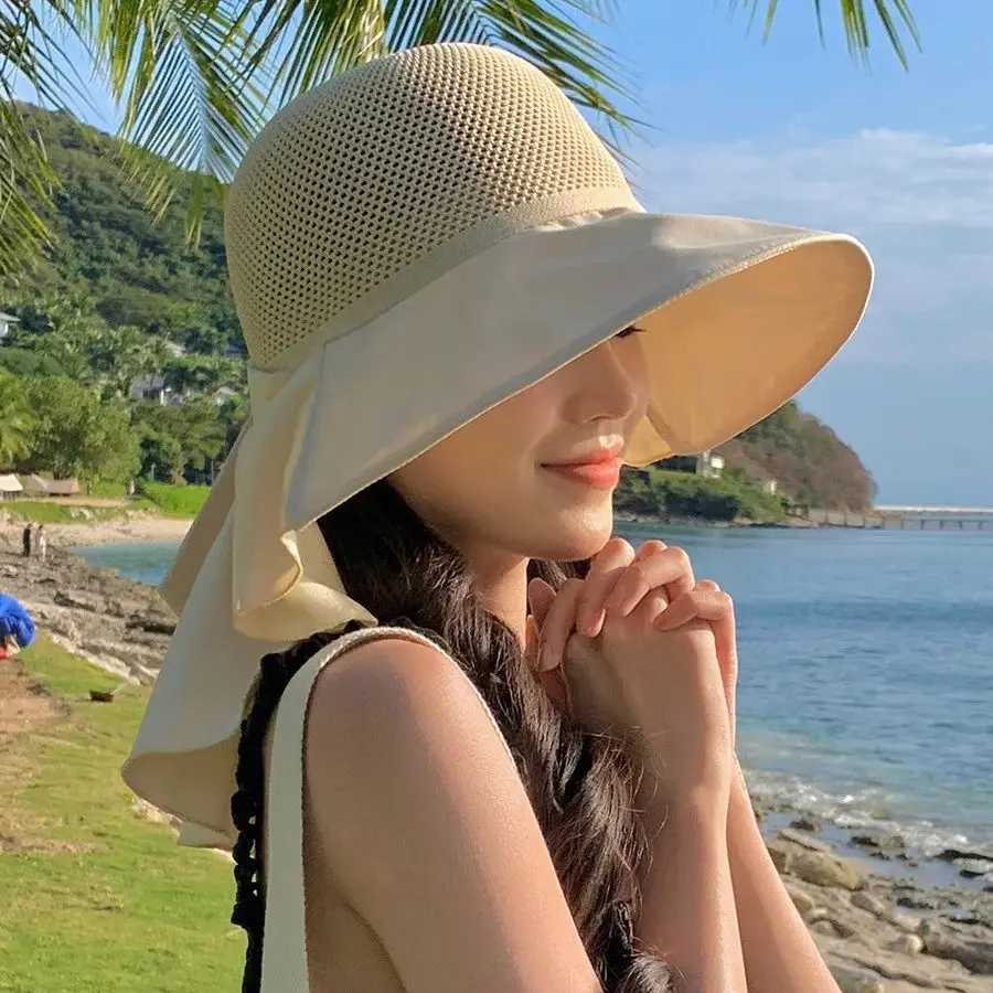 Summer Outdoor Mtifunctional Shawl Sun Hat Solid Color Silk Breathable Facial Sunshade Sun Hat Elegant Beach Vacation X250109