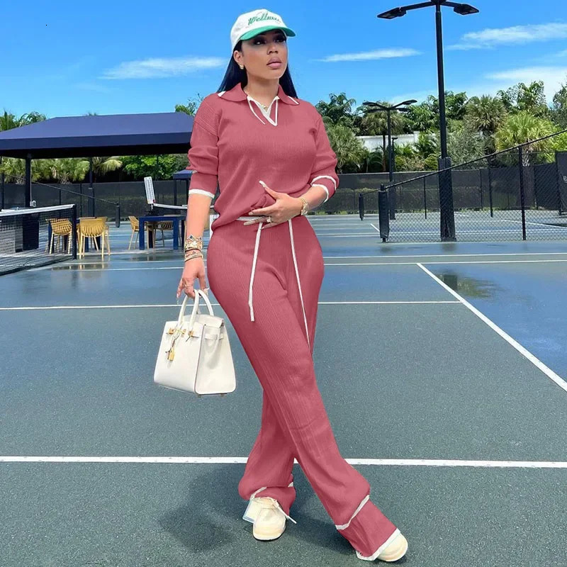 Active Wear Knitted Casual Tracksuit for Women Two Piece Set Sporty Fitness Striped Sweater Top and Wide Leg Pants Jogging Femme 250106