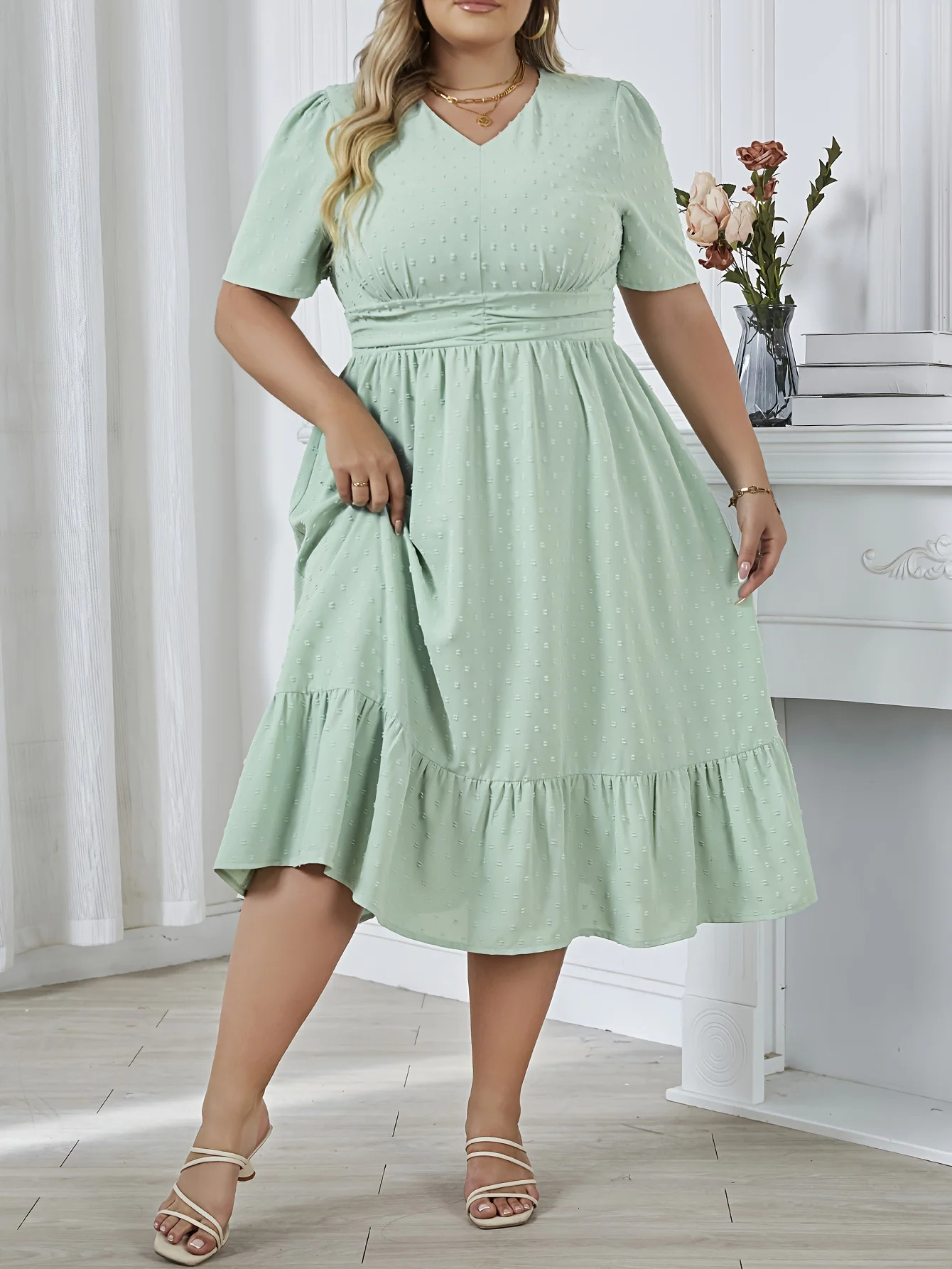 0XL4XL Plus Size Waist Swing Pleated Dress Vneck Solid Color Aline Skirt Elegant Fashion Lady Temperament Gentle 250106