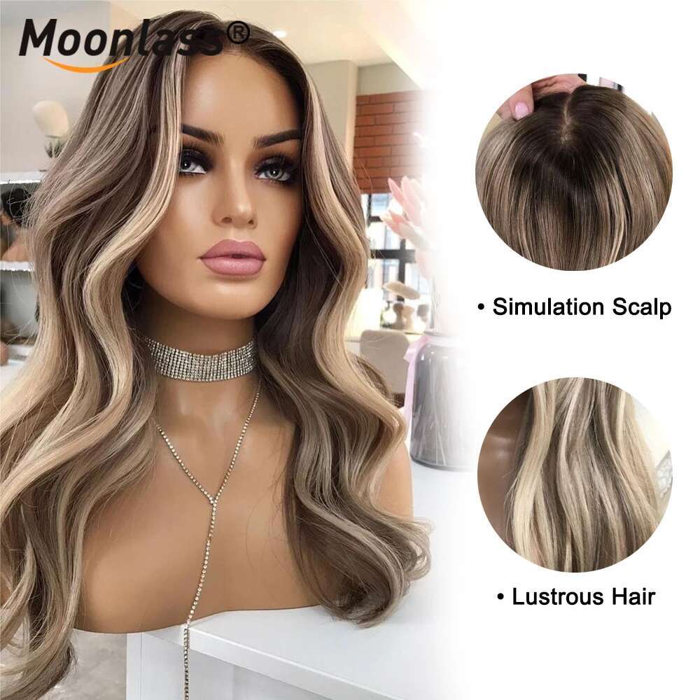 Moonlass Highlight Brown Body Wave 100% Real Human Wig 13x6 Lace Front Remy 210% Density Salon Hair Coloring Wigs