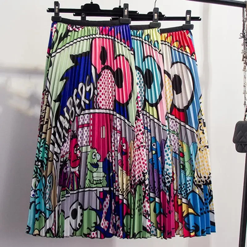 Cartoon Print Pleated Women Long Skirts High Waist ALine Elastic Blue Pink Skirt For Ladies Summer Casual Female Bottoms 250106