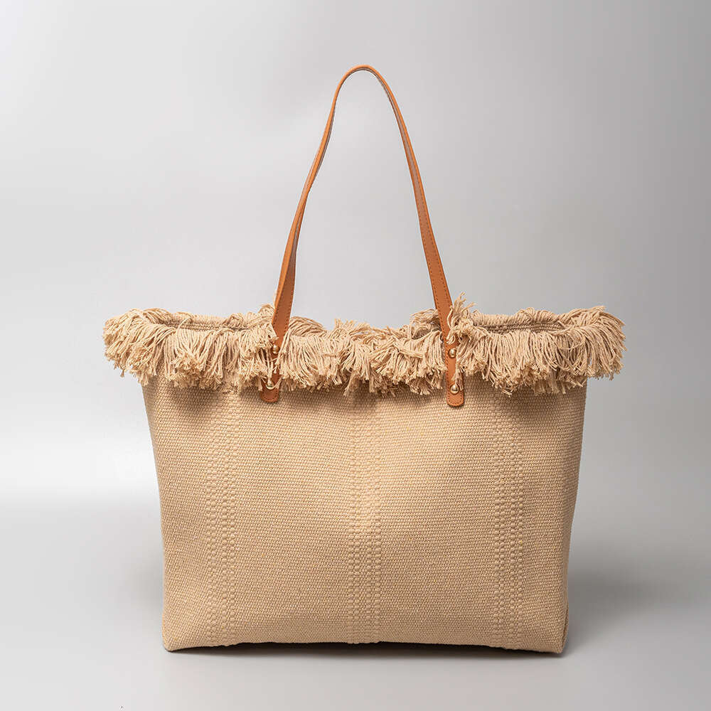 Seaside Vacation Beach Cross-Border Tote High-End Feel, Large Capacity Canvas Bag, Tassel Shoulder Handbag For Women