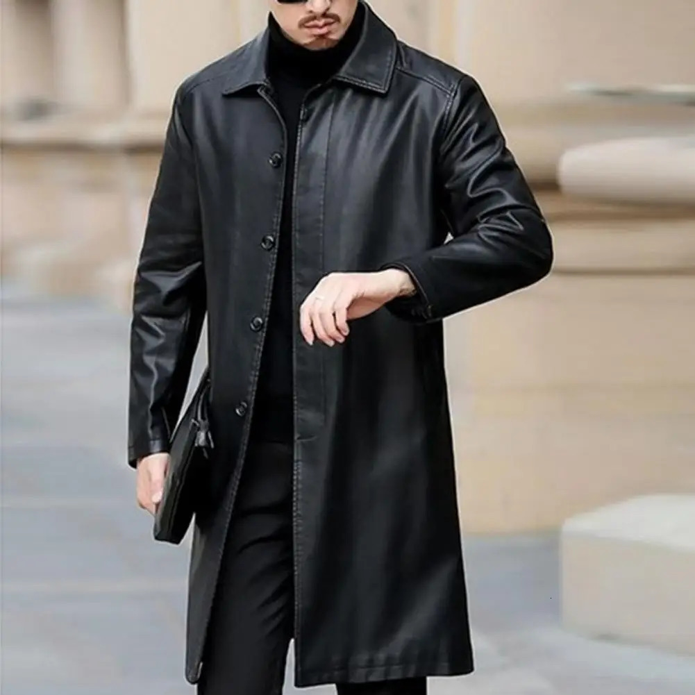 Men Autumn Winter Faux Leather Windbreaker Lapel Long Sleeve Pockets Single Breasted Fleece Lining Jacket Coat Loose 250107