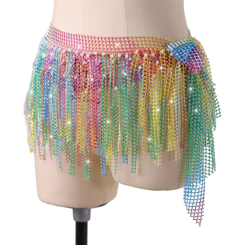 Women Glitter Belly Dance Hip Belt Scarf Diamond Exquisite Tassel Shawl Waist Chain Rave Outfit Stage Costume Practice Dancewear 250107