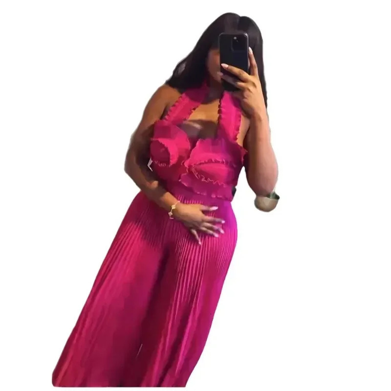 Europe America and Africa Miyake Pleated Print Black Butterfly Animal Flower Top Wideleg Straight Pants Twopiece Set 250106