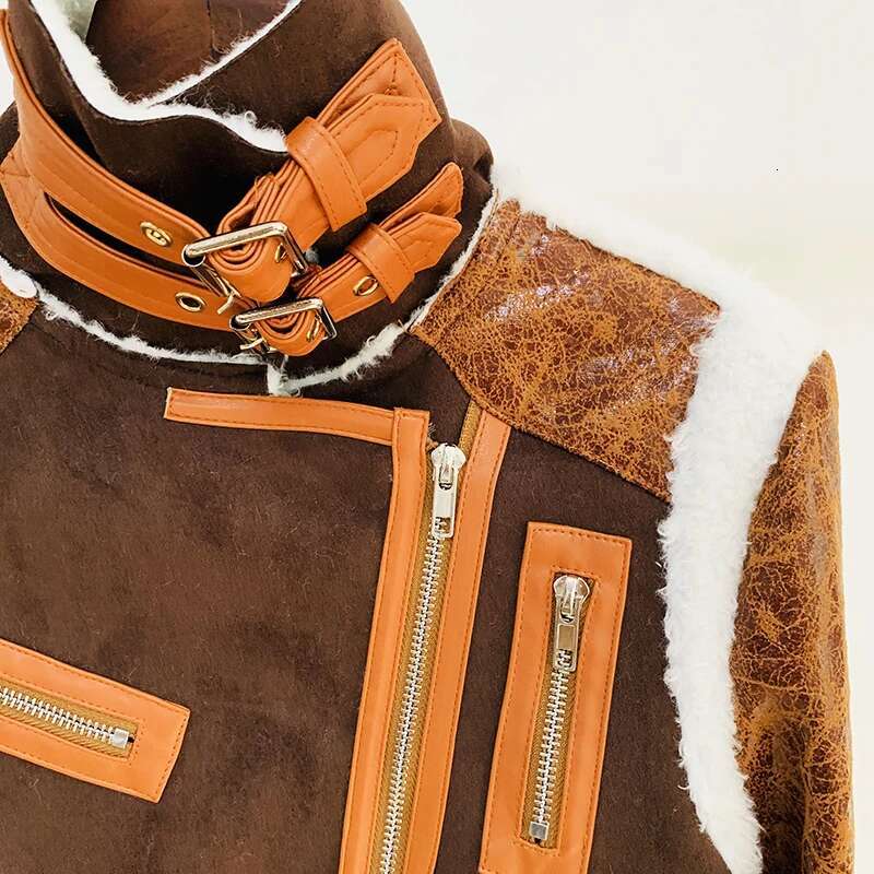 HIGH STREET Newest 2024 Winter Designer Women's Zippers Patchwork Synthetic Leather Fur Jacket Overcoat