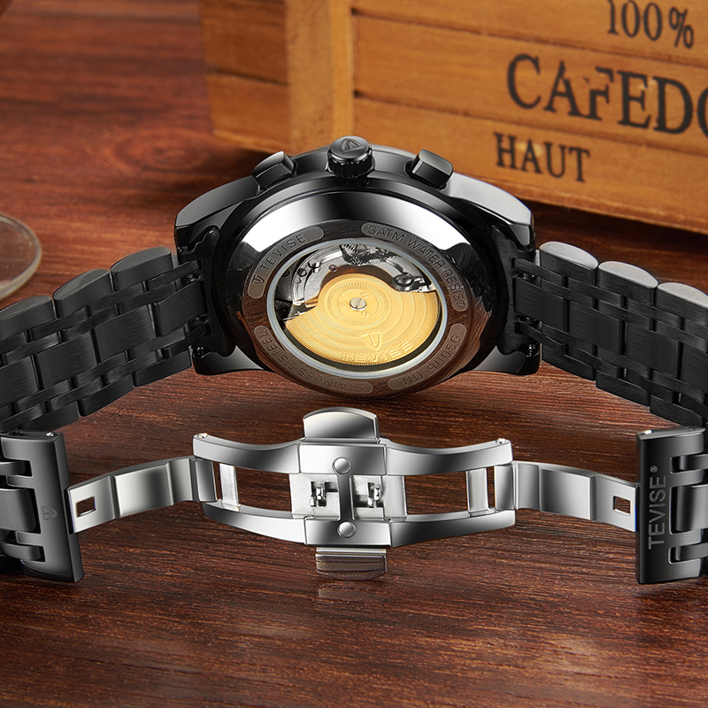 TEVISE Moonwatch Watch Mens Hollow-out Luminous Automatic Mechanical Watch with Stainless Steel Strap Business Wristwatch for Men T040-9005
