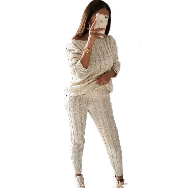Autumn Winter Women Knitted Tracksuit Two Piece Set Female Sweater Tops Elastic Waist Pant Suit Outfits 250106