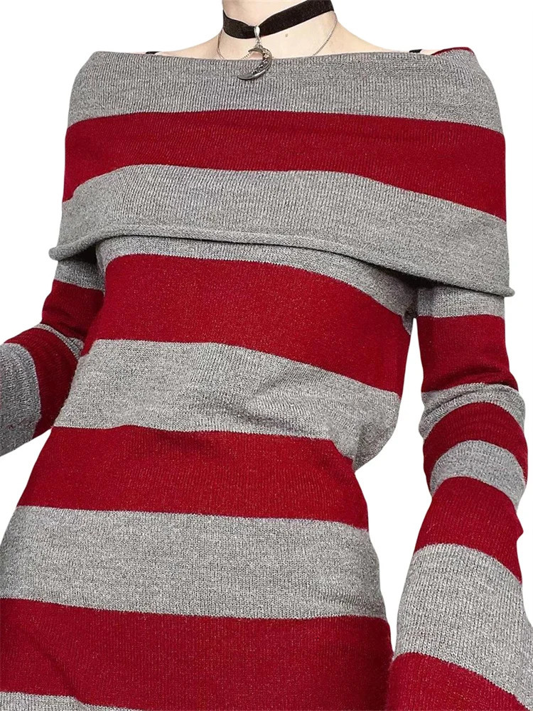 Women Autumn Dress Striped BoatNeck Long Sleeve Bodycon Short Y2K Gothic Wrapped Hip Party Dresses 250106