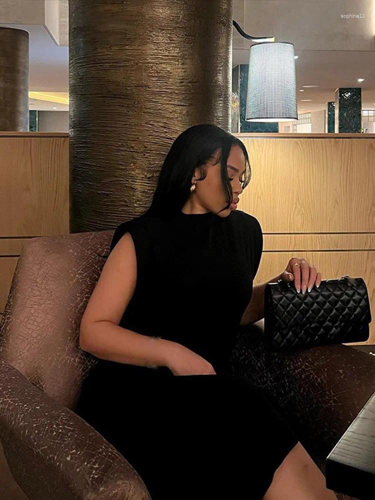 Casual Dresses Elegant Sleeveless Slim Black Long Dress For Women Fashion Shoulder Pad Bodycon Midi Party Club Woman Clothing Gowns C260311