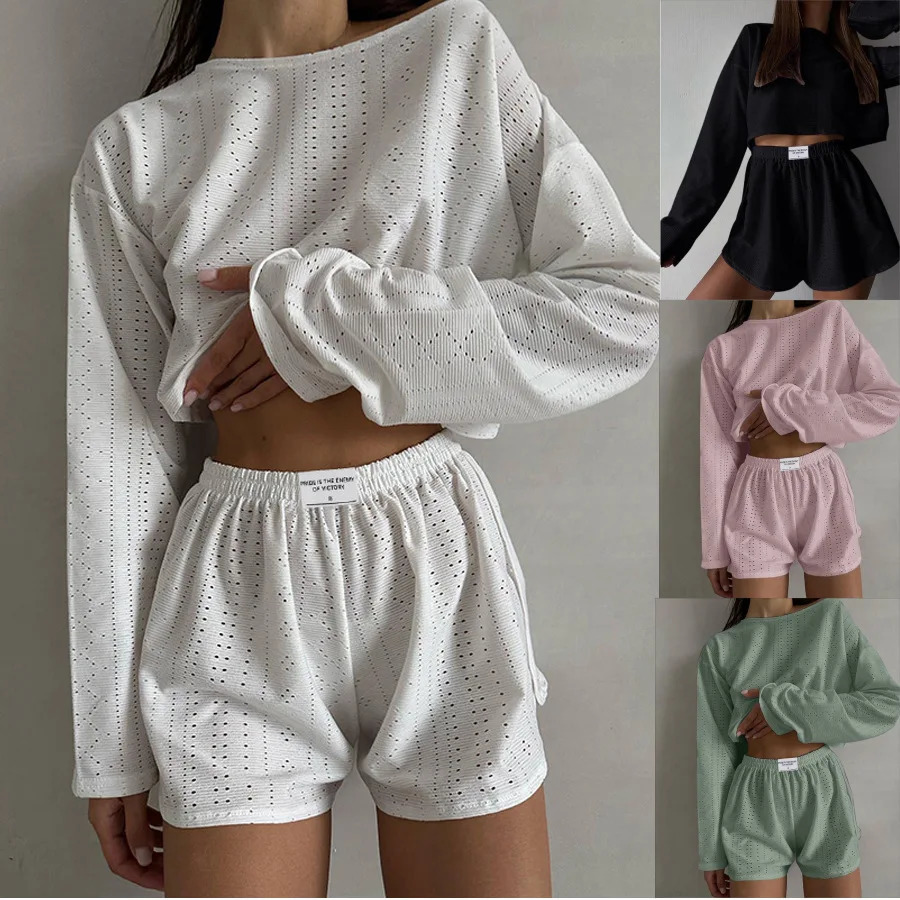 Womens Pajamas Set Spring Long Sleeve Tops With Shorts Sleepwear 2 Piece Loose Round Neck Home Wear Loungewear Pyjama Femme 250106