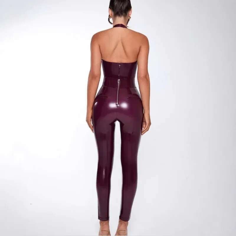 High-End Sexy PU Leather Jumpsuit Women Tight Sets Party Solid V-Neck Sleeveless Backless Bodysuit Zipper High Waist Pants