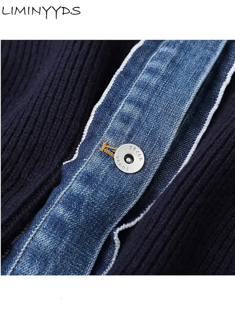 Korean Fashion Sweater Jacket Spring Autumn Denim Patchwork Knit Cardigan Turndown Collar Single Breasted Vingtage Coat 250108