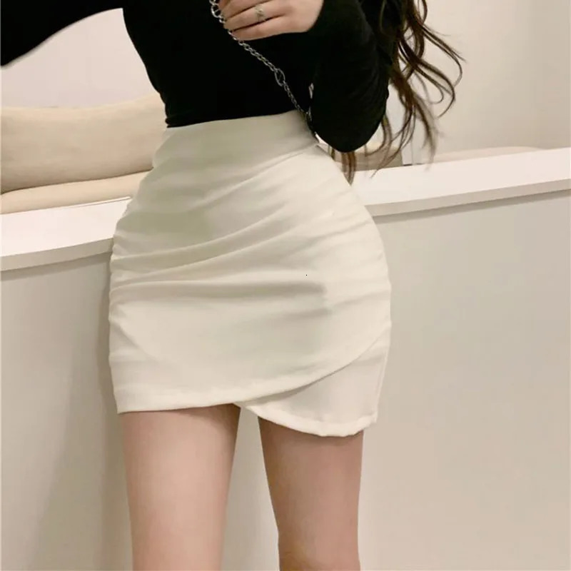 Lucyever Korean Fashion Mini Skirt Women Solid High Waist Irregular Folds Hip Wrap Pencil Ladies Sexy Slim Short Skirts 250106