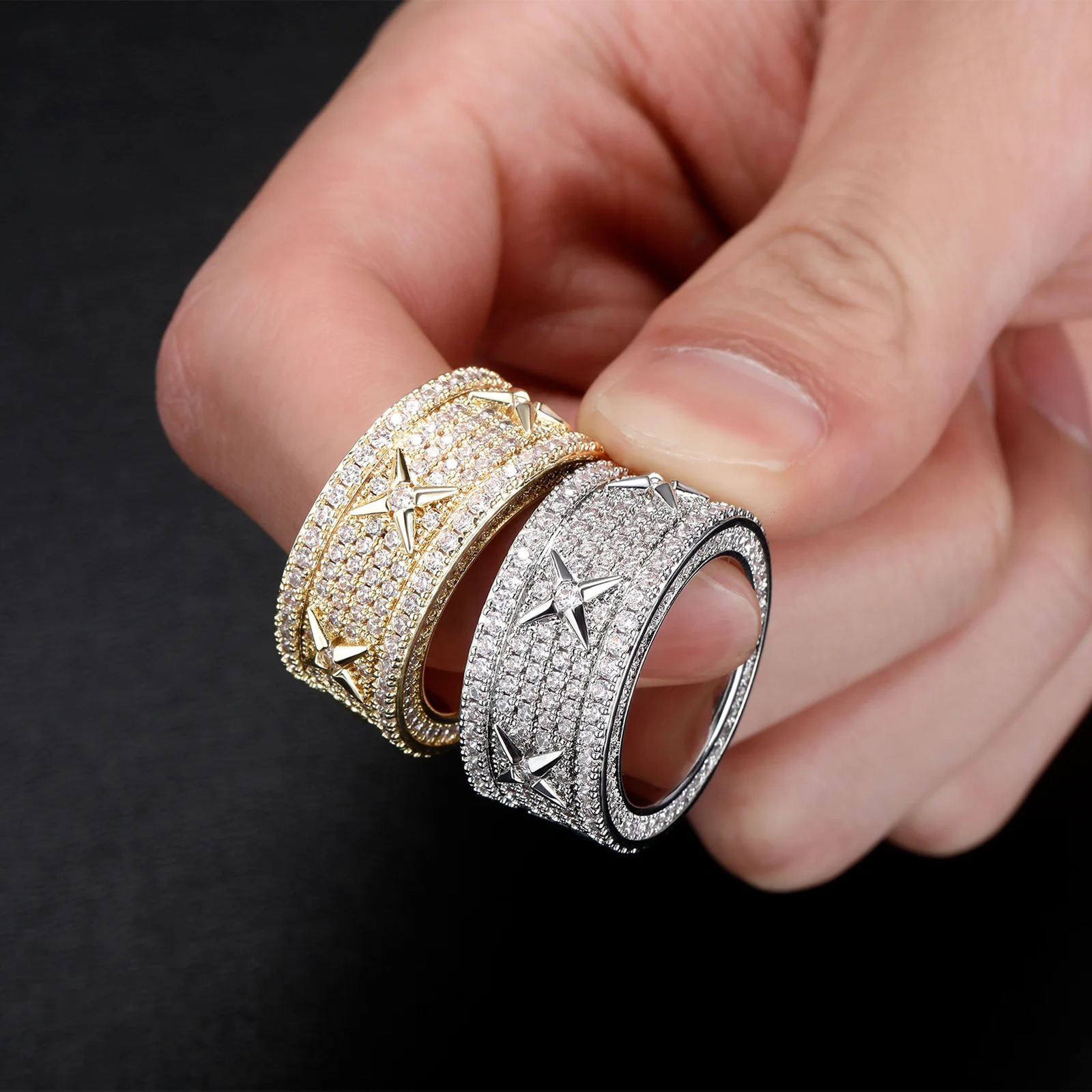 Fashion Iced Out Jewelry Vintage Personalized Four Star Full Zircon Copper Brass Wedding Band Ring Mens Women Hip Hop Rock Rings 250109