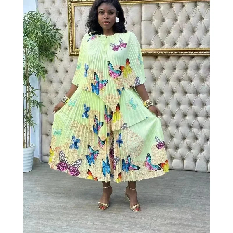 Miyake Pleated Print two piece set women outfit abaya top and skirt summer clothing 250106