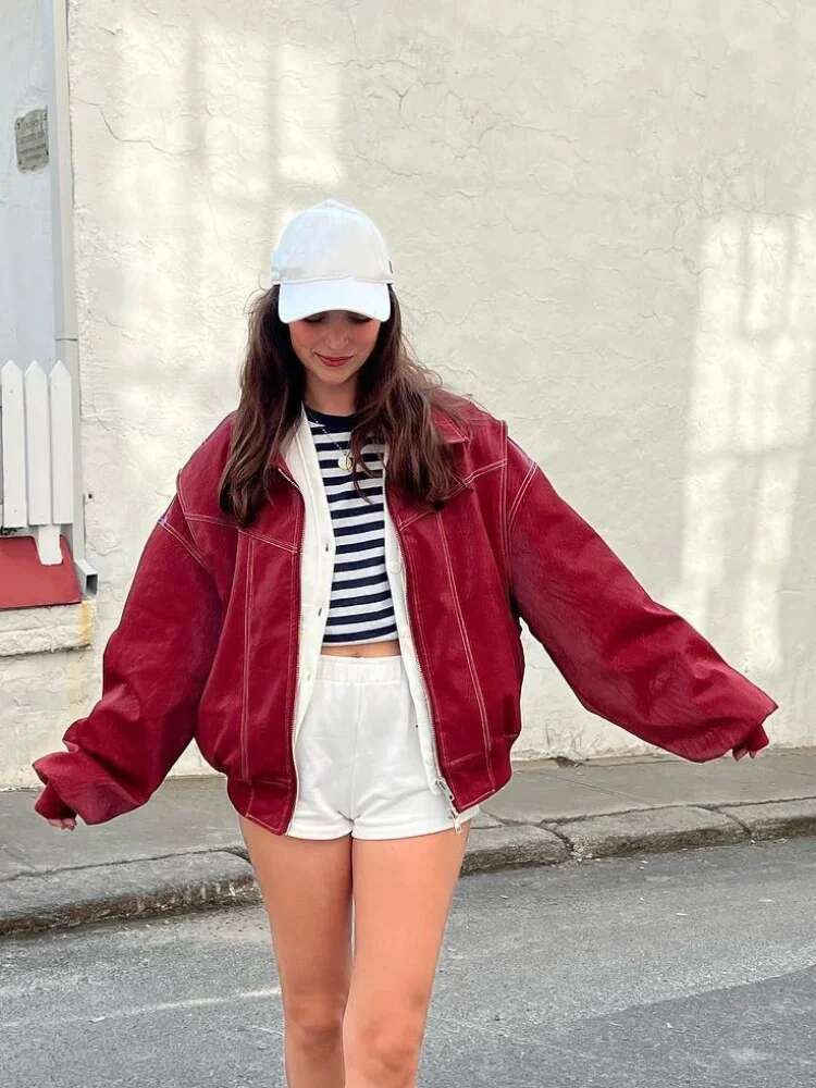 2025 Spring Red Contrast Leather Bomber Women's Jacket Fashion Zipper Front Lapel Pocket Coats New Lady High Streetwear