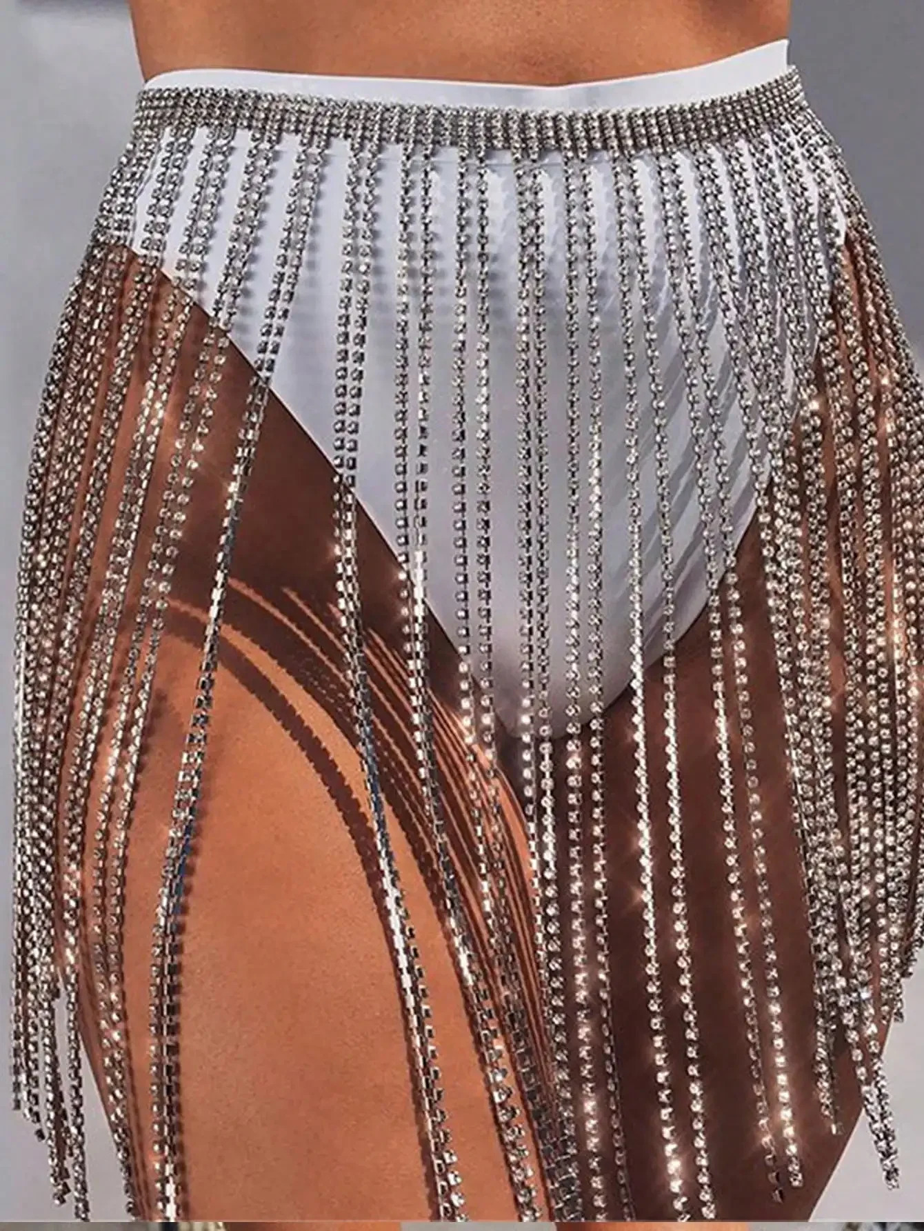 Party Silver Long Full Rhinestone Decor Tassel Waist Chain belt 250107