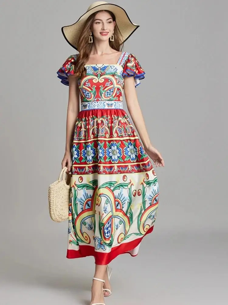 Women Square Collar Flying Sleeve Elegant Backless Long Dress Summer Rumway Fashion Flower Print High Waist Beach Party Vestidos 250106