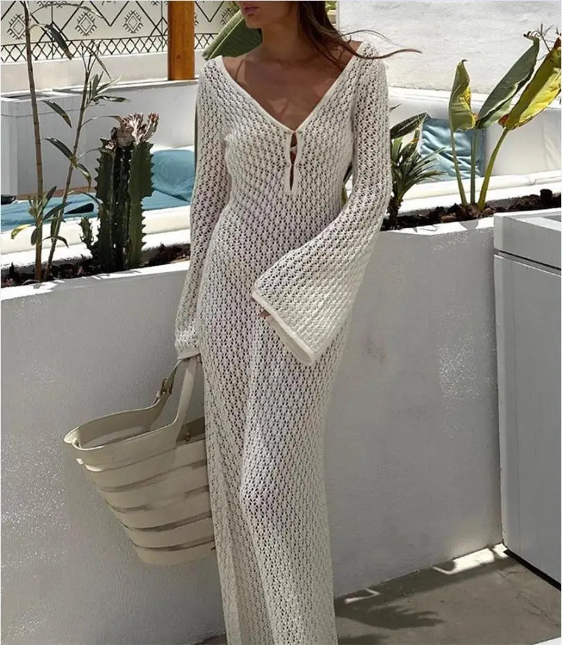 Yiiciovy Sexy Women Long Knit Beach Dress HollowOut Deep VNeck Sleeve Bikini CoverUps Fall Backless Holiday 250106