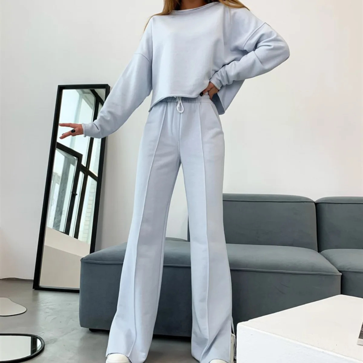 Womens Autumn 2 Piece Outfits O-neck Long Sleeve Tops Loose Wide Leg Pants Lounge Sets Straight Trousers Suit Ropa Mujer 250109