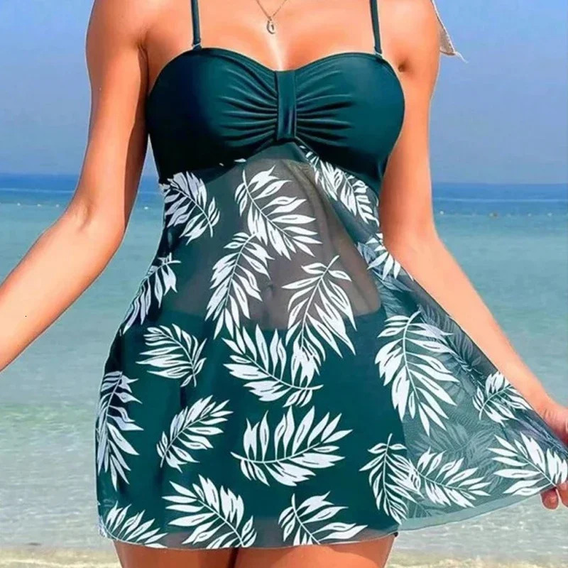 Summer Short Dress Split Swimsuit Womens Sexy Fashion High Waist Thickened Mesh Print Swimming Beach Wear 250108