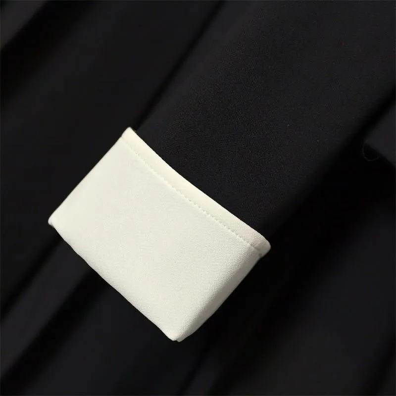 Lnsozkdg Elegant Black Splice Lapel Single Breasted Long Sleeve Contrasting Belt Womens Ruffle Coat Skirt Two Pieces Sets 250106