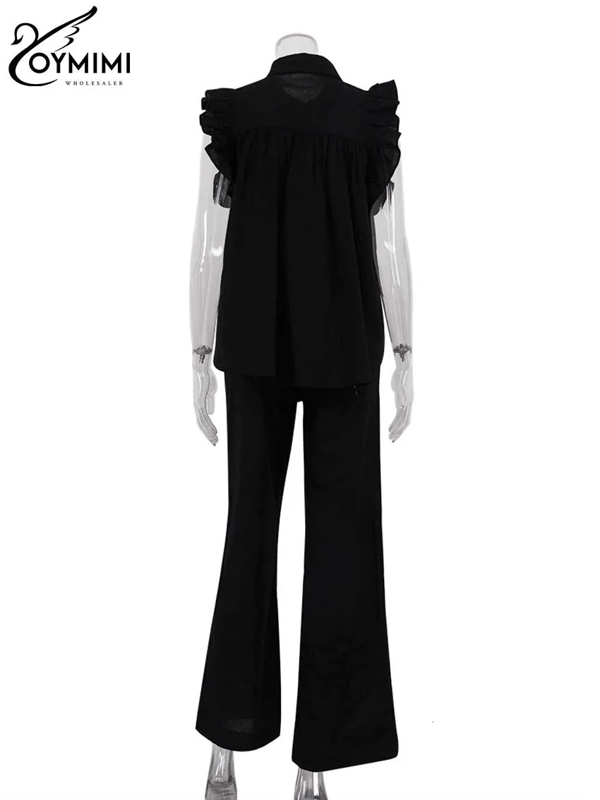 Oymimi Elegant Cotton Black Womens 2 Piece Outfit Set Fashion SingleBreasted Sleeveless Ruffled Shitrs And Simple Trousers Sets 250106