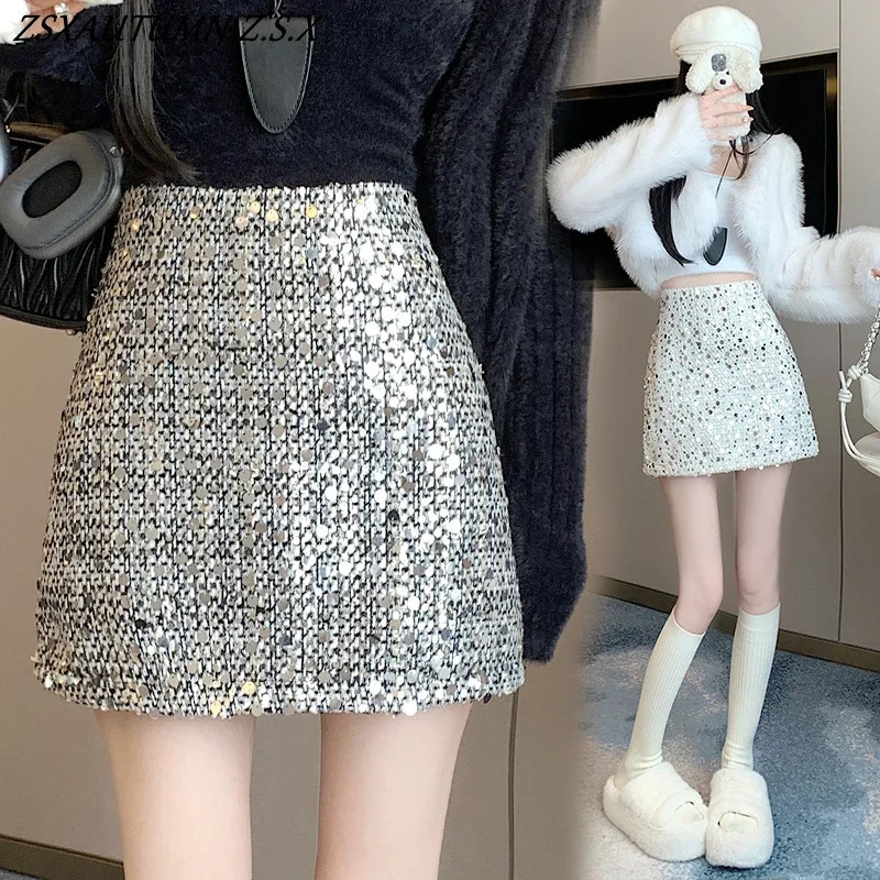 Hepburn Style Aline Skirt Women Sexy Mini High Waist Slim Heavy Sequin Wool Female Korean Allmatch Super Fashion 250106