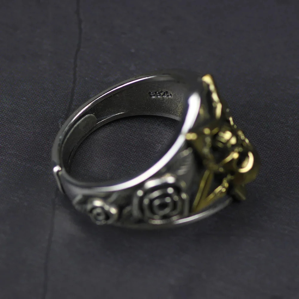 Real Pure 925 Sterling Silver Viking Ring Skull With Pentagram Gothic Punk Rock Rose Flower Carving Resizable For Men and Women 250109