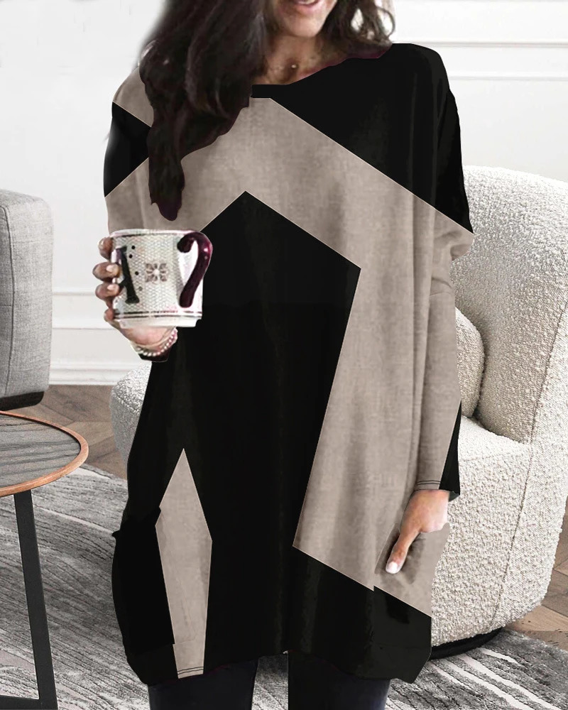 European and American Plus Size Womens Casual Fashion V Neck Long Sleeved Patchwork Dress 250106