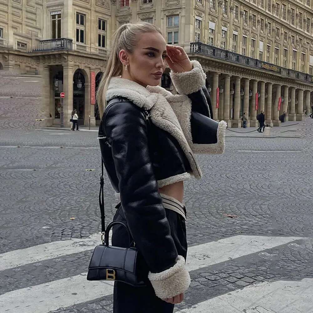 Autumn/Winter New Style European American Double-Sided Loose Fit Zippered Cropped Women's Leather One-Piece Jacket