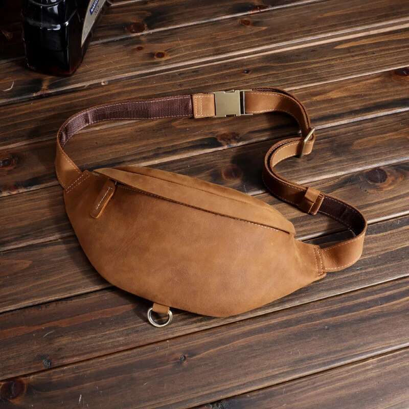 Sports Head Layer Cowhide Multi-Functional Mobile Phone Waist Pack Crazy Horse Leather Men's Bag Retro