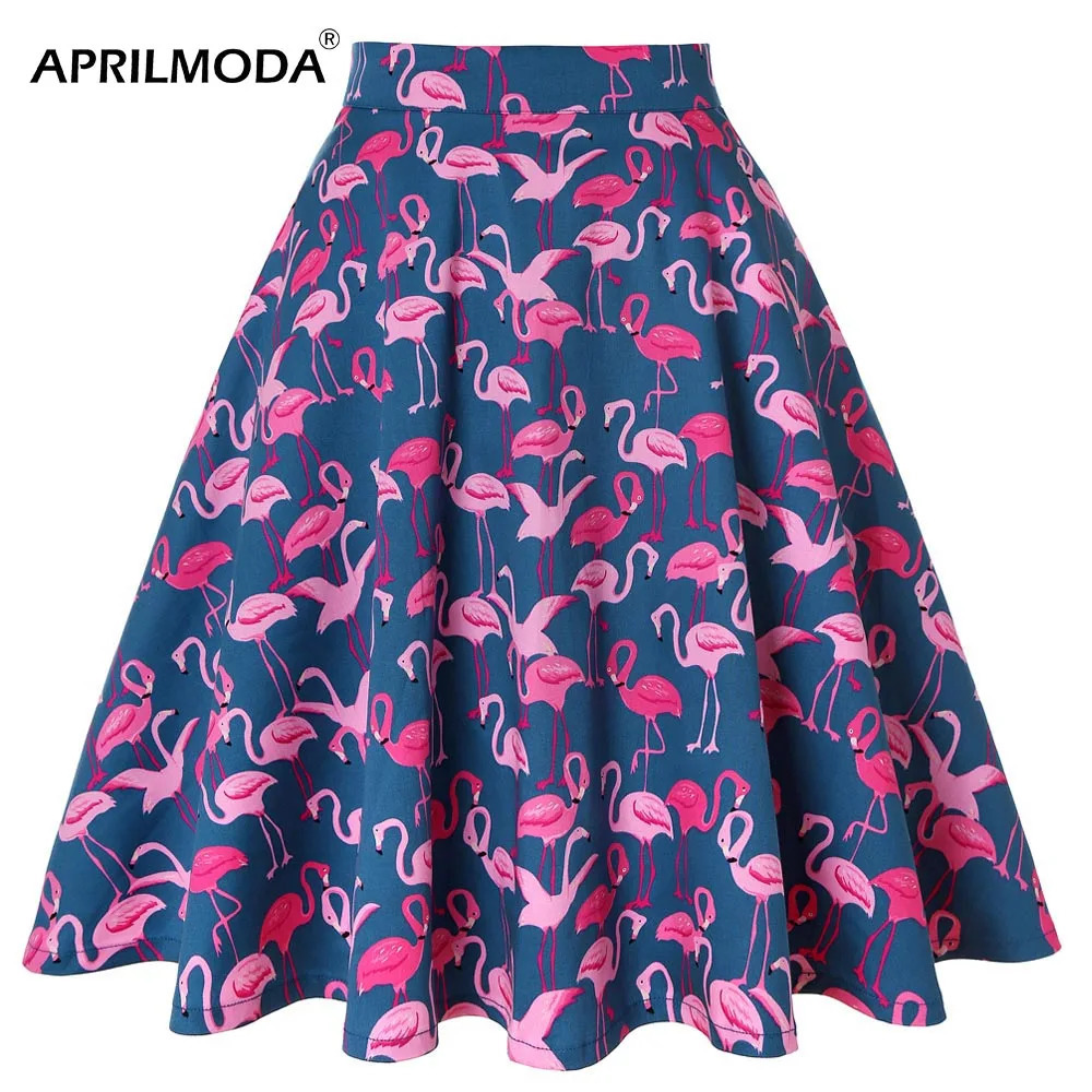 Cotton Women Retro Pleated Skirts 50s Kawai Vintage Rockabilly Swing Flamingo Printed High Waist Casual Tutu Summer Skater Blue 250106