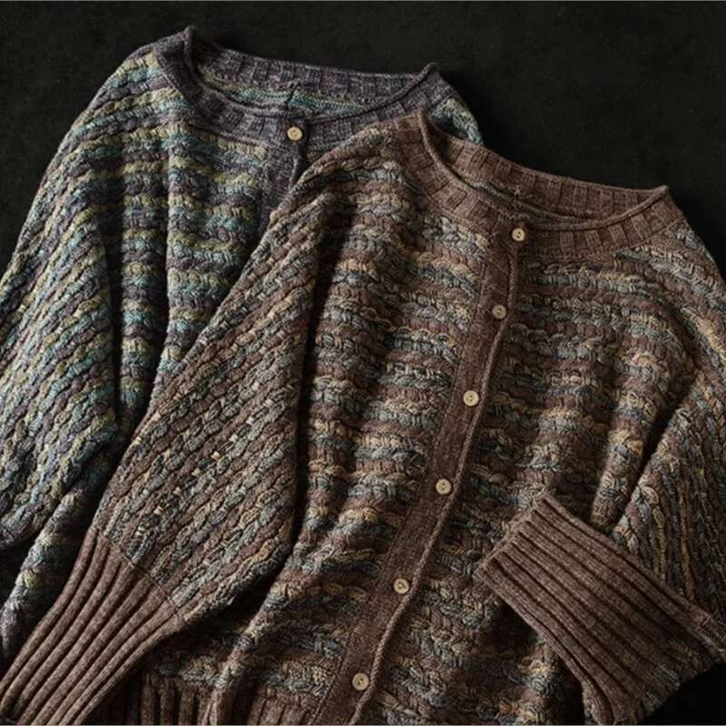 Johnature Women Vintage Striped Cardigan O-Neck Bat Sleeve Loose Autumn Coats 2024 New Cotton Knitted Sweaters