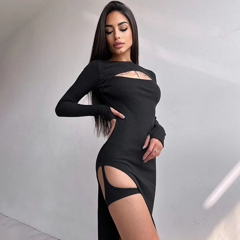 Y2k Sensual Sexy Dress For Women Party Clothes Chest Hollow Leggings Split Fork Bag Hip Knitted Vestidos Robe Midi Dresses 250106