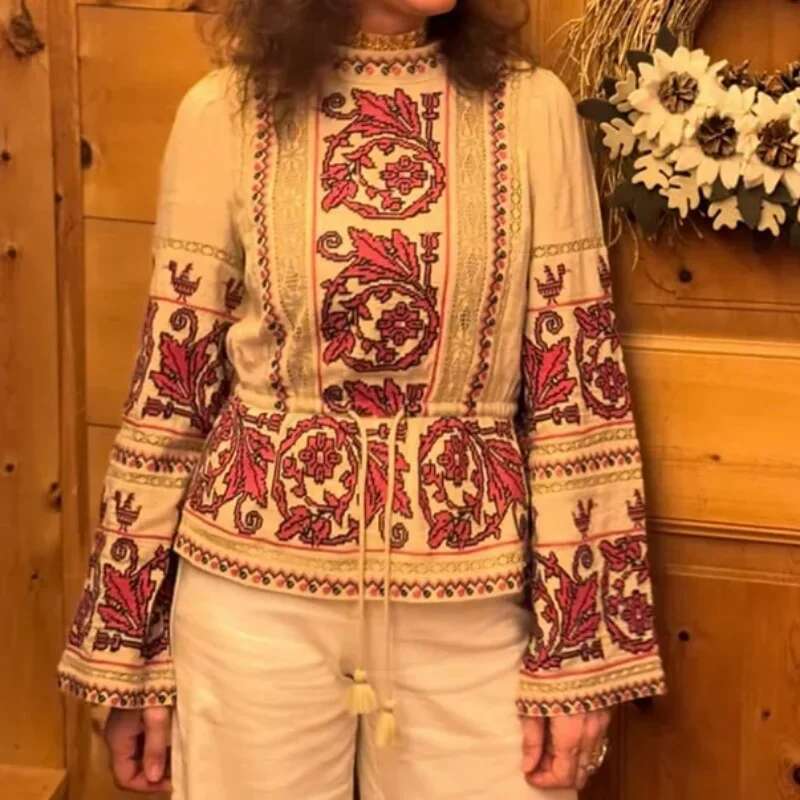 Women 2024 Early Autumn New Cross- Classical Pattern Round Neck Drawstring Waist Pullover